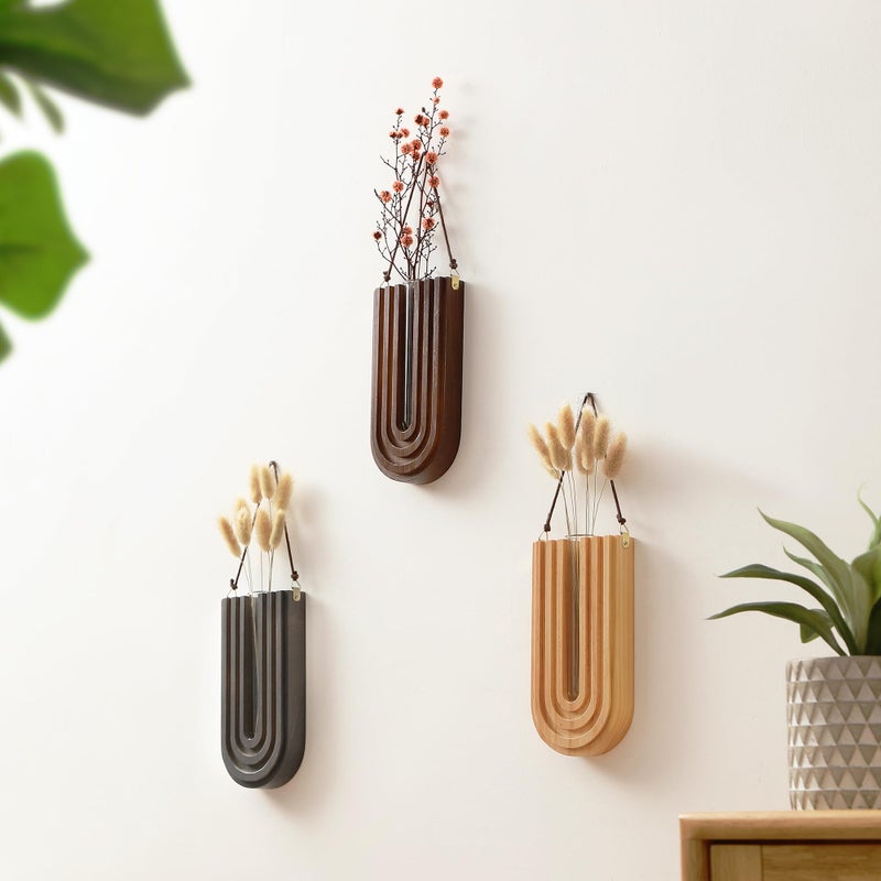 GRID FORTE Wood Wall Planter محطة نشر داخلية، مزهرية خشبية معلقة للزهور المجففة وحامل نباتات الحائط Boho Wall D؟cor لغرفة المعيشة على شكل قوس قزح (مجموعة من 3) - Image 4